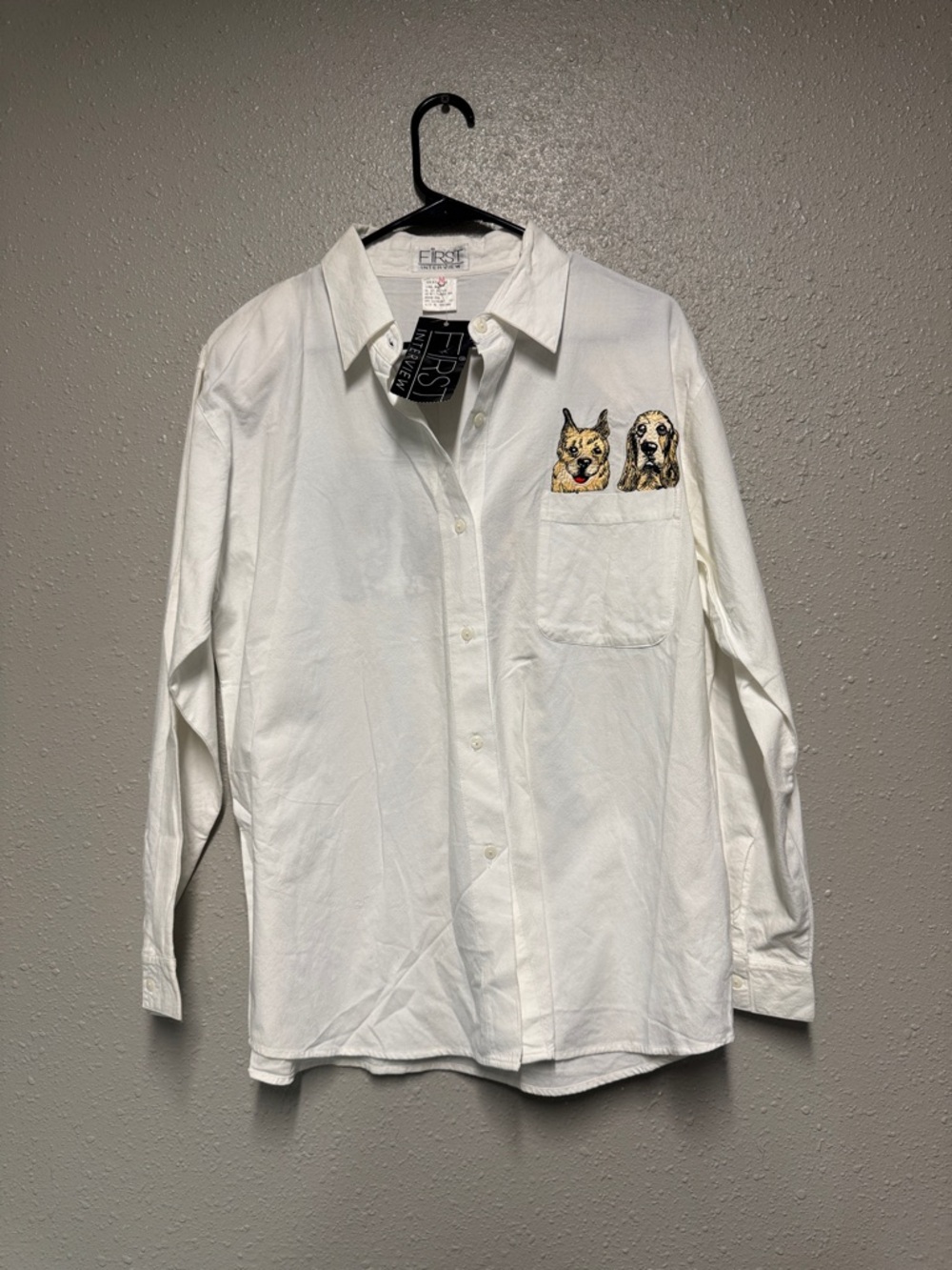 White Long-Sleeve Button-Down Shirt with Dog Pocket Embroidery